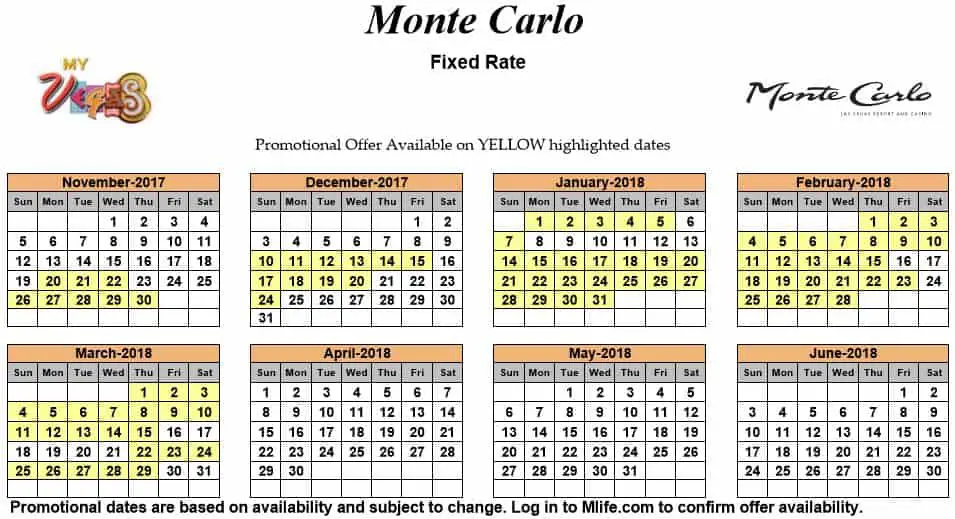 Image of Monte Carlo Resort & Casino Las Vegas exclusive rates myVEGAS Slots calendar.