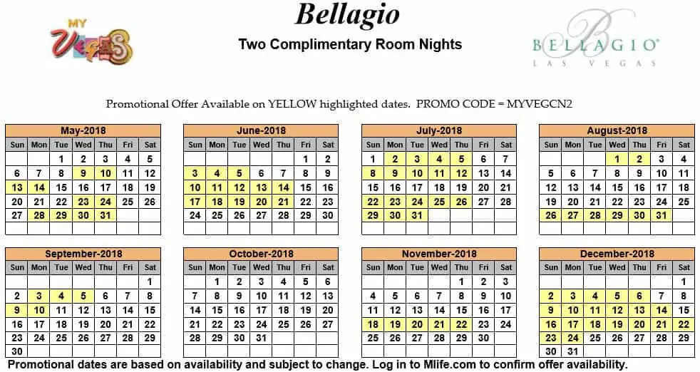 Image of Bellagio Hotel & Casino Las Vegas two complimentary room nights myVEGAS Slots calendar.