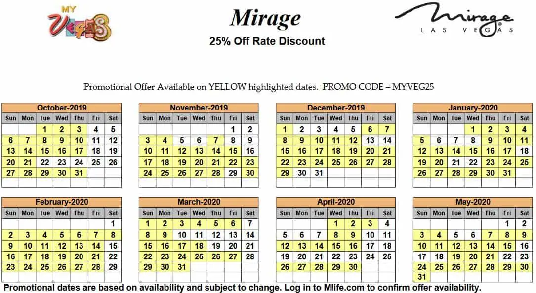 Image of Mirage Hotel & Casino Las Vegas 25% off room rates myVEGAS Slots calendar.