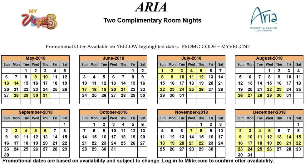 Image of Aria Hotel & Casino Las Vegas two complimentary room nights myVEGAS Slots calendar 2018.