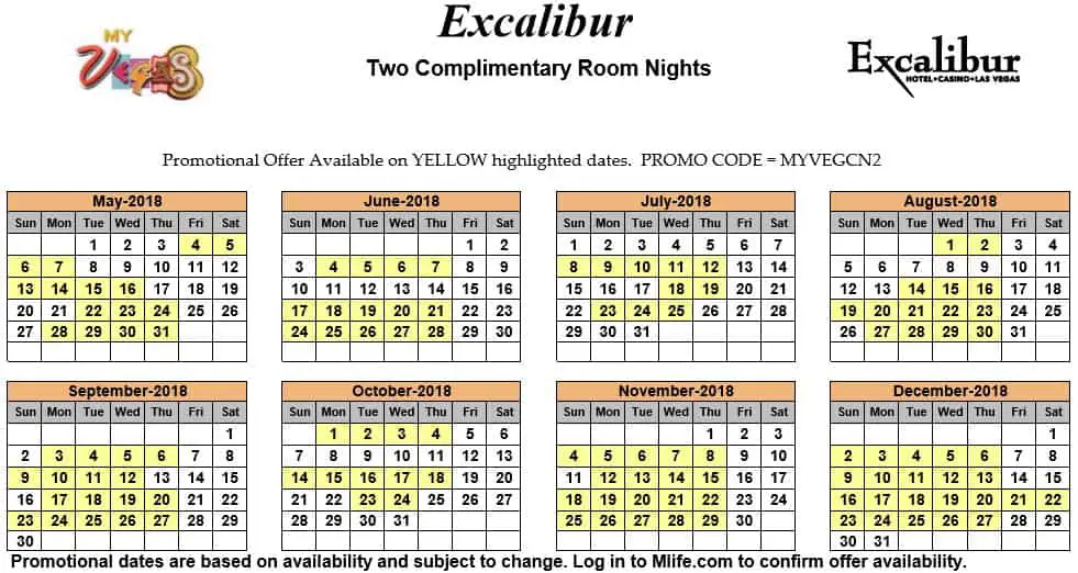 Image of Excalibur Hotel & Casino Las Vegas two complimentary room nights myVEGAS Slots calendar 2018.