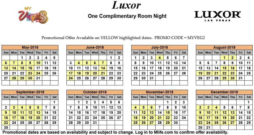 Image of Luxor Resort & Casino Las Vegas one complimentary room night myVEGAS Slots calendar 2018.
