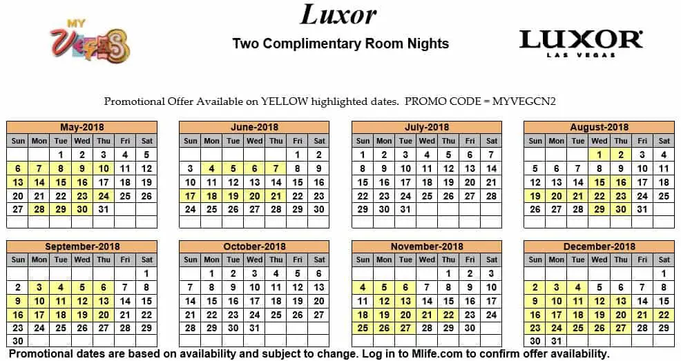 Image of Luxor Resort & Casino Las Vegas two complimentary room nights myVEGAS Slots calendar 2018.