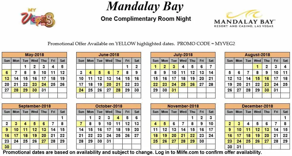 Image of Mandalay Resort & Casino Las Vegas one complimentary room night myVEGAS Slots calendar 2018.