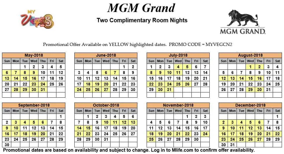 Image of MGM Grand Hotel & Casino Las Vegas two complimentary room nights myVEGAS Slots calendar 2018.