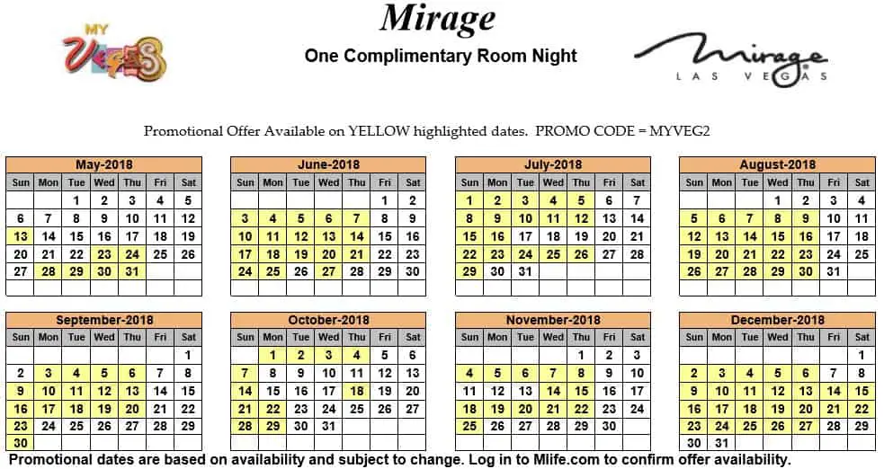 Image of Mirage Hotel & Casino Las Vegas one complimentary room night myVEGAS Slots calendar 2018.