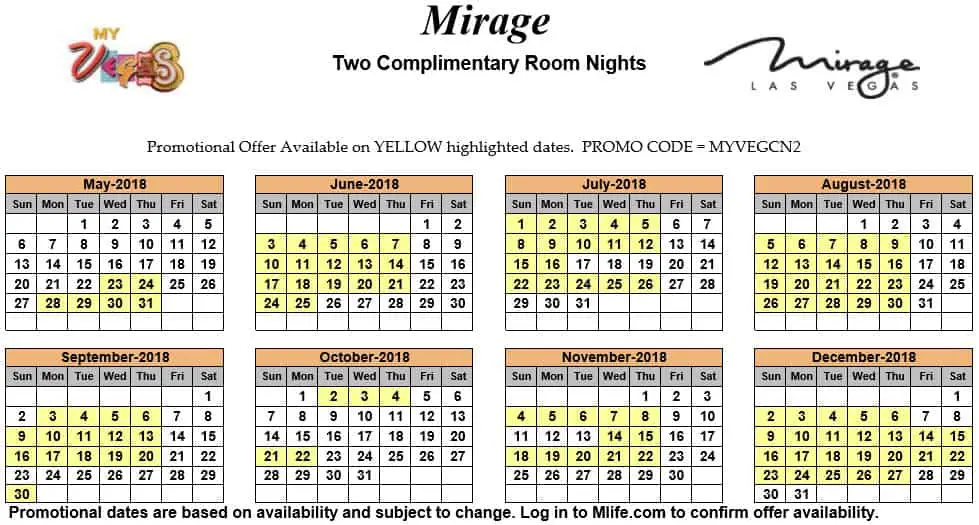 Image of Mirage Hotel & Casino Las Vegas two complimentary room nights myVEGAS Slots calendar 2018.