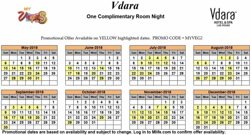 Image of Vdara Hotel & Spa Las Vegas one complimentary room night myVEGAS Slots calendar 2018.