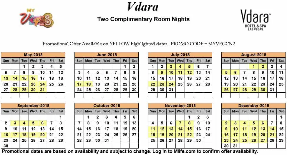 Image of Vdara Hotel & Spa Las Vegas two complimentary room nights myVEGAS Slots calendar 2018.