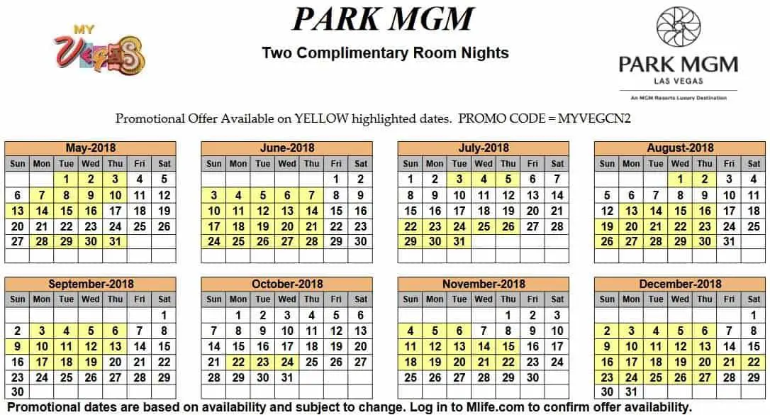 Image of Park MGM Hotel & Casino Las Vegas two complimentary room nights myVEGAS Slots calendar.