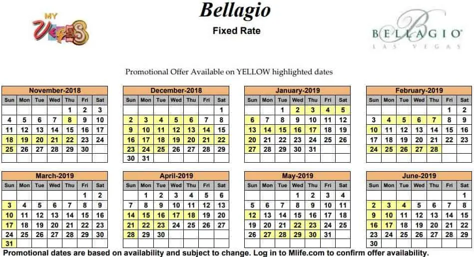 Image of Bellagio Resort & Casino Las Vegas exclusive rates myVEGAS Slots calendar 2019.