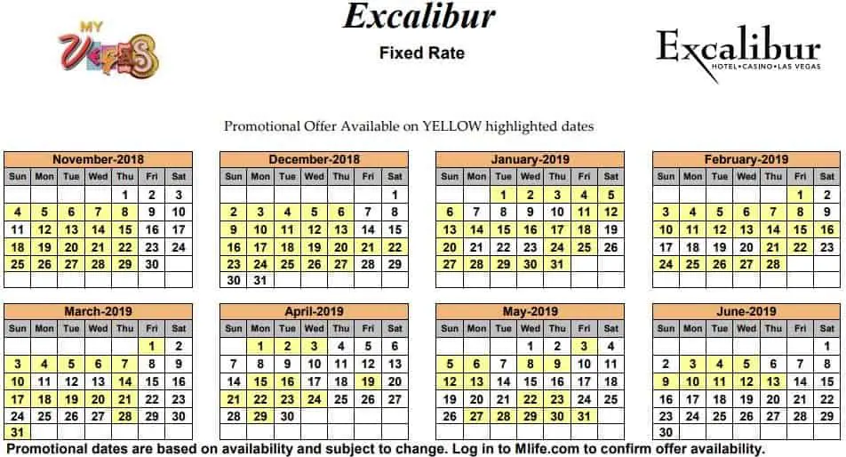 Image of Excalibur Hotel & Casino Las Vegas exclusive rates myVEGAS Slots calendar 2019.