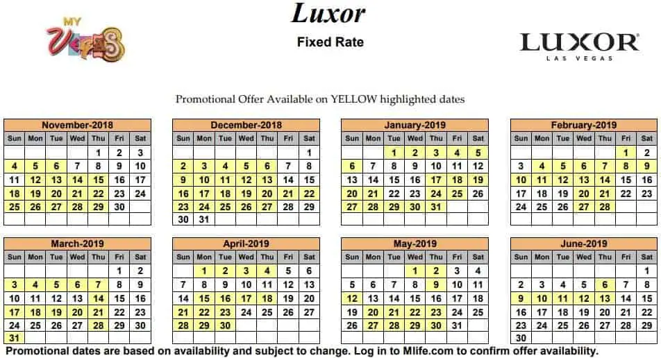 Image of Luxor Resort & Casino Las Vegas exclusive rates myVEGAS Slots calendar 2019.