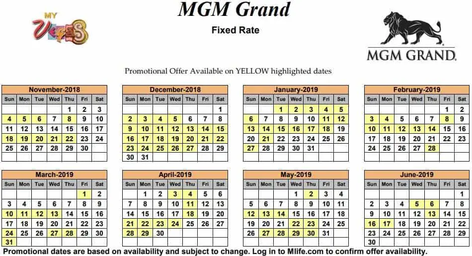 Image of MGM Grand Hotel & Casino Las Vegas exclusive rates myVEGAS Slots calendar 2019.