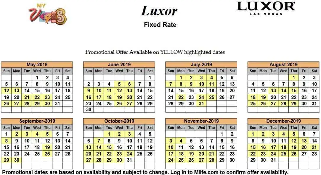 Image of Luxor Resort & Casino Las Vegas exclusive rates myVEGAS Slots calendar 2019.