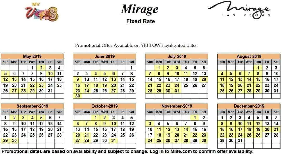 Image of Mirage Hotel & Casino Las Vegas exclusive rates myVEGAS Slots calendar 2019.