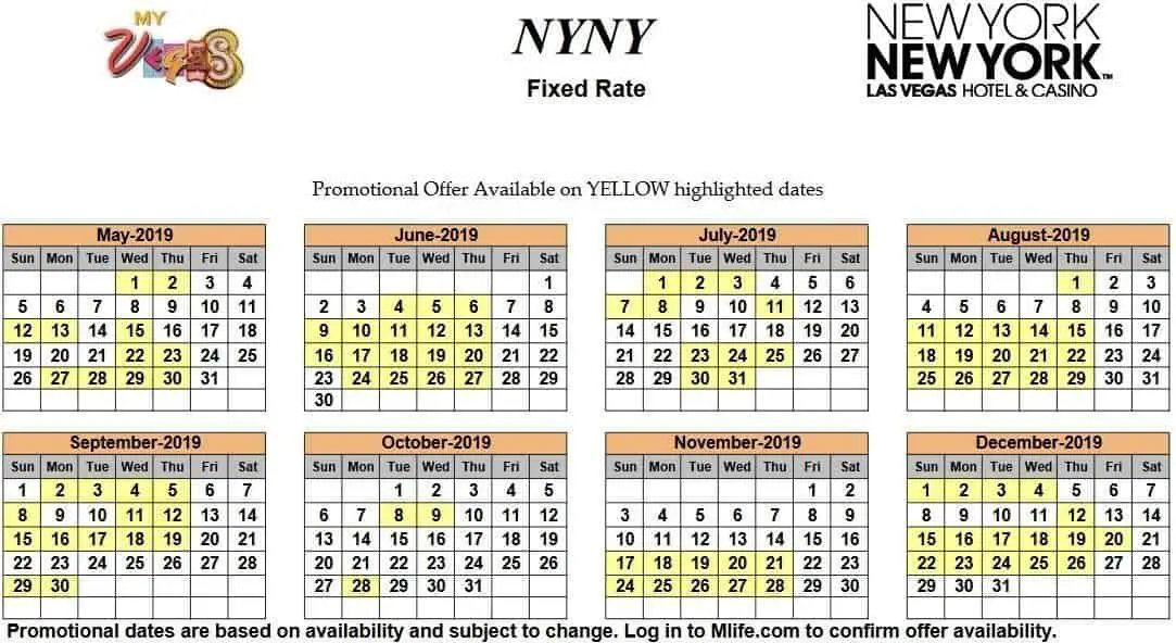 Image of New York New York Hotel & Casino Las Vegas exclusive rates myVEGAS Slots calendar 2019.