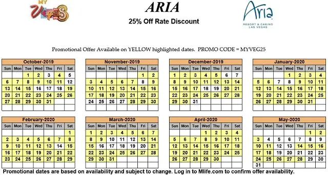 Image of Aria Hotel & Casino Las Vegas 25% off room rates myVEGAS Slots calendar.