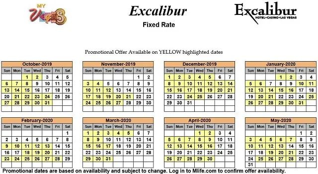 Image of Excalibur Hotel & Casino Las Vegas exclusive rates myVEGAS Slots calendar 2019.