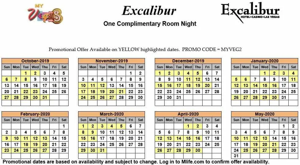 Image of Excalibur Hotel & Casino Las Vegas one complimentary room night myVEGAS Slots calendar.