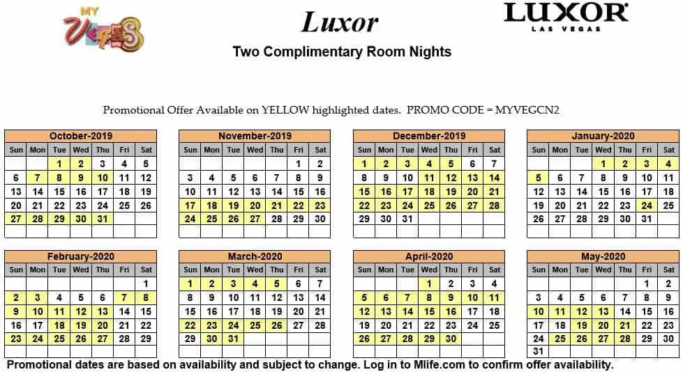 Image of Luxor Resort & Casino Las Vegas two complimentary room nights myVEGAS Slots calendar 2019.