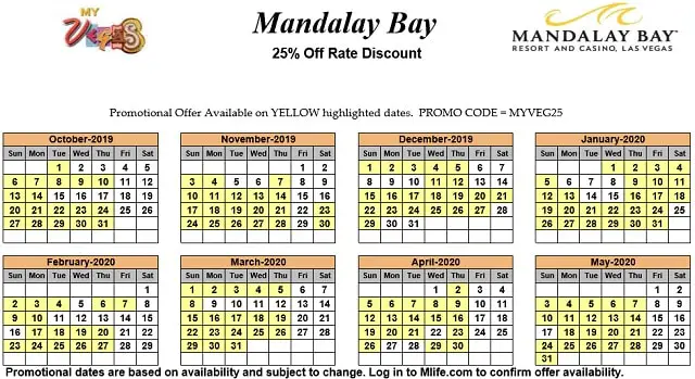 Image of Mandalay Bay Resort & Casino Las Vegas 25% off room rates myVEGAS Slots calendar 2020.