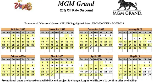Image of MGM Grand Hotel & Casino Las Vegas 25% off room rates myVEGAS Slots calendar 2020.
