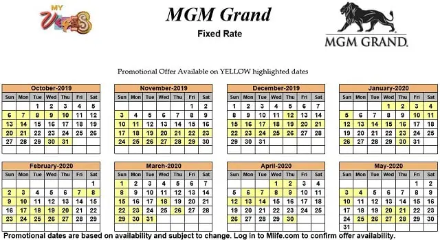 Image of MGM Grand Hotel & Casino Las Vegas exclusive rates myVEGAS Slots calendar.