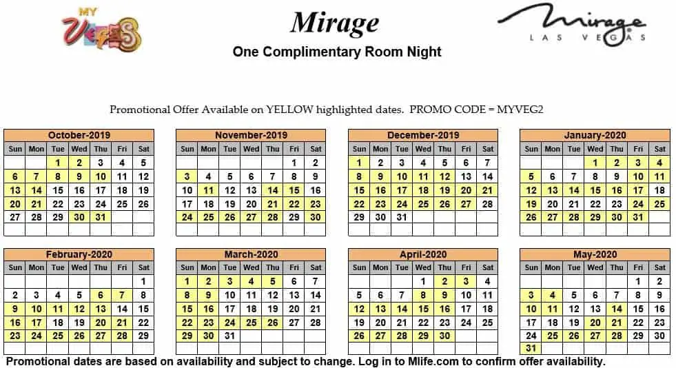 Image of Mirage Hotel & Casino Las Vegas one complimentary room night myVEGAS Slots calendar.