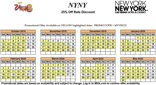 Image of New York New York Hotel & Casino Las Vegas 25% off room rates myVEGAS Slots calendar 2020.