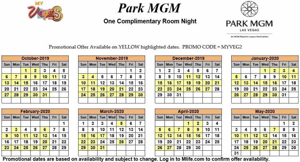 Image of Park MGM Resort & Casino Las Vegas one complimentary room night myVEGAS Slots calendar.