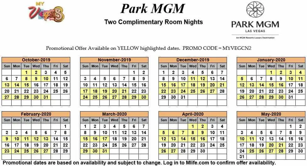Image of Park MGM Hotel & Casino Las Vegas two complimentary room nights myVEGAS Slots calendar.