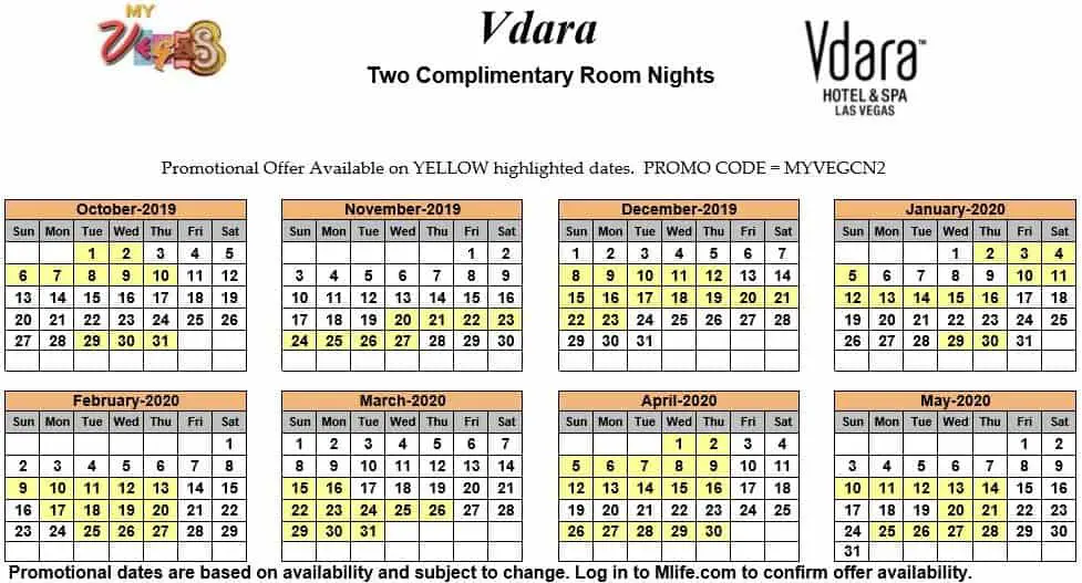 Image of Vdara Hotel & Spa Las Vegas two complimentary room nights myVEGAS Slots calendar.